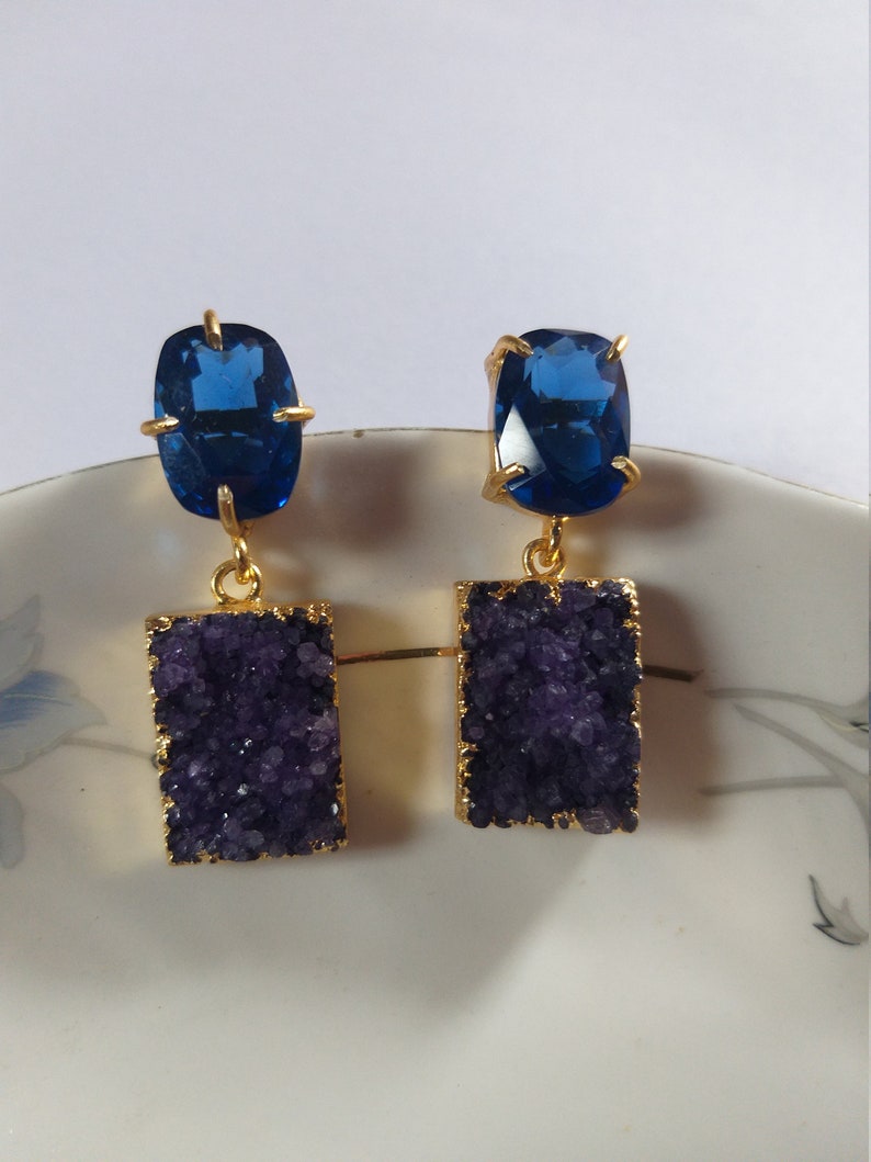 Druzy Gemstone EarringsAgate Gold Edge EarringHydro Blue Quartz Stud Earring Indian Traditional Earring Unique Earring Fashion Jewelery