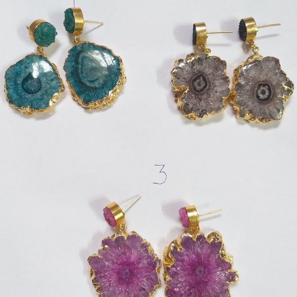 Superbes boucles d'oreilles tranches de pierres précieuses druzy Boucles d'oreilles géode bijoux d'oreille plaqués agate lustre pendant bijoux fantaisie