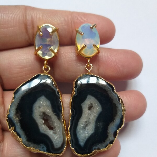 Chandelier Black Slice Agate Geode Druzy Earrings, Opallite Druzy Gold Plated Stud Earrings, Druzy Dangle Earring Gemstone Hoop