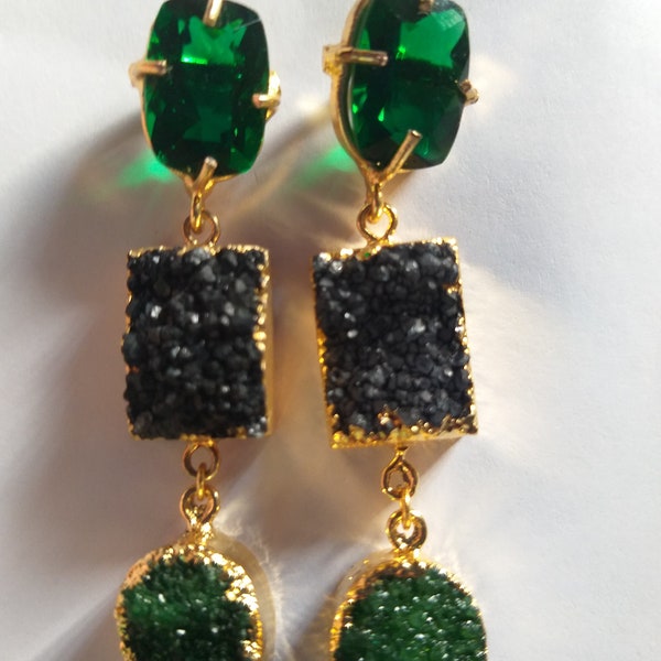 Druzy Geode Earrings Gold Plated Stud Earrings Chandelier Emerald Green Earrings Traditional Dangle Fashion Jewellery Ethnic Boho Jewellery