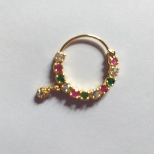 Anillo de nariz de cristal bañado en oro: Nath de boda indio, fosa nasal izquierda