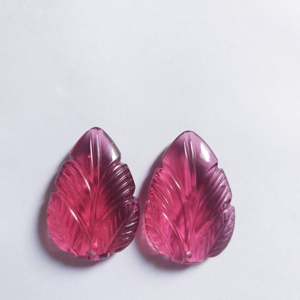 2 Pcs Rubellite Pink Quartz Hand Carved Pear Leaves Briolettes Beads-Gemstone Jewelry Making Beads Supplies Beads Front Drill Earrings Pair