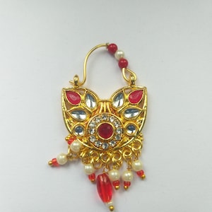 Anillo de nariz Kundan: Nath indio chapado en oro para boda (fosa nasal izquierda)