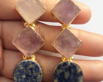 Amethyst With Lapis Lazuli Stud Earrings Raw Gemstone Earrings Natural Gemstone Earrings Gold Plated Wedding Gemstone Jewellery Bohemian