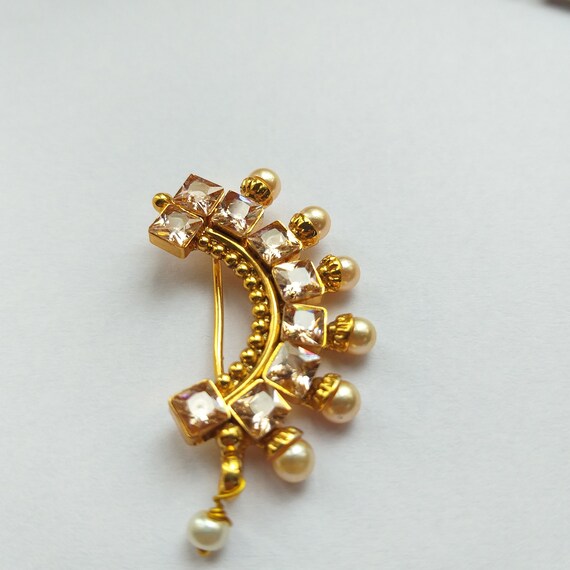 High Quality Gold Plated Circular Design Kundan Stone With Pearl Chain Nose  Ring