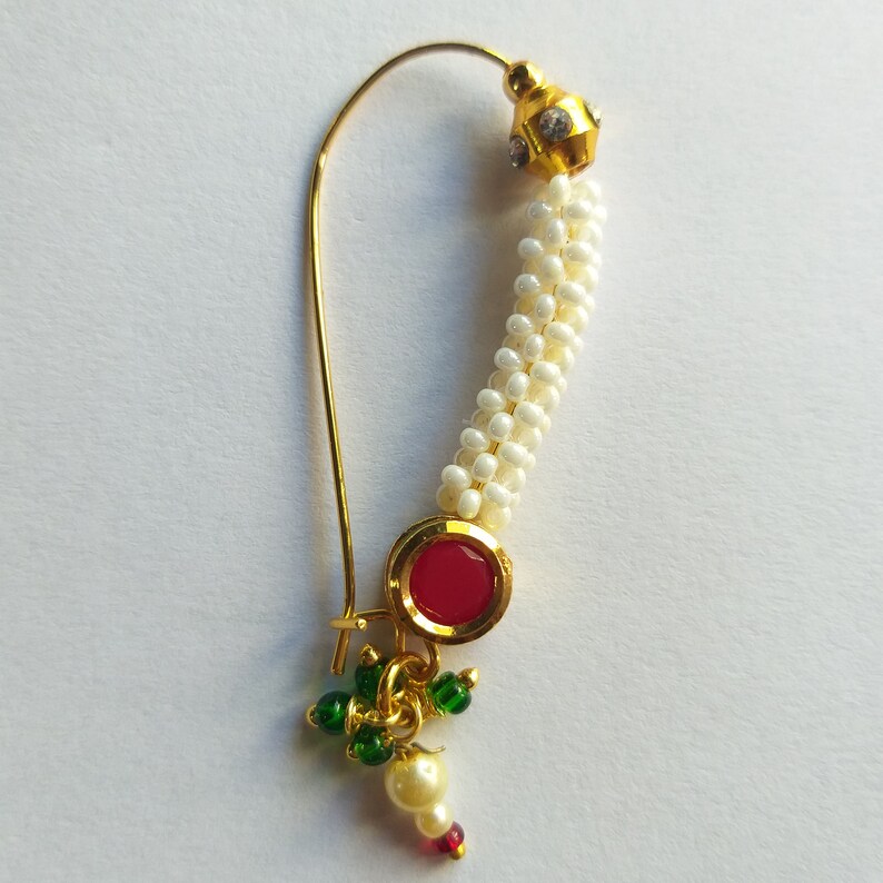 Designer Maharashtrian Pearls Nose Ring Wedding Nose Stud Piercing Nose Pin Nostril Indian Nath Fashion Nose Jewellery Gold Plated Big