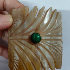 Hand Carved Buffalo Horn Cuff Bracelet: Malachite Inlay Bangle