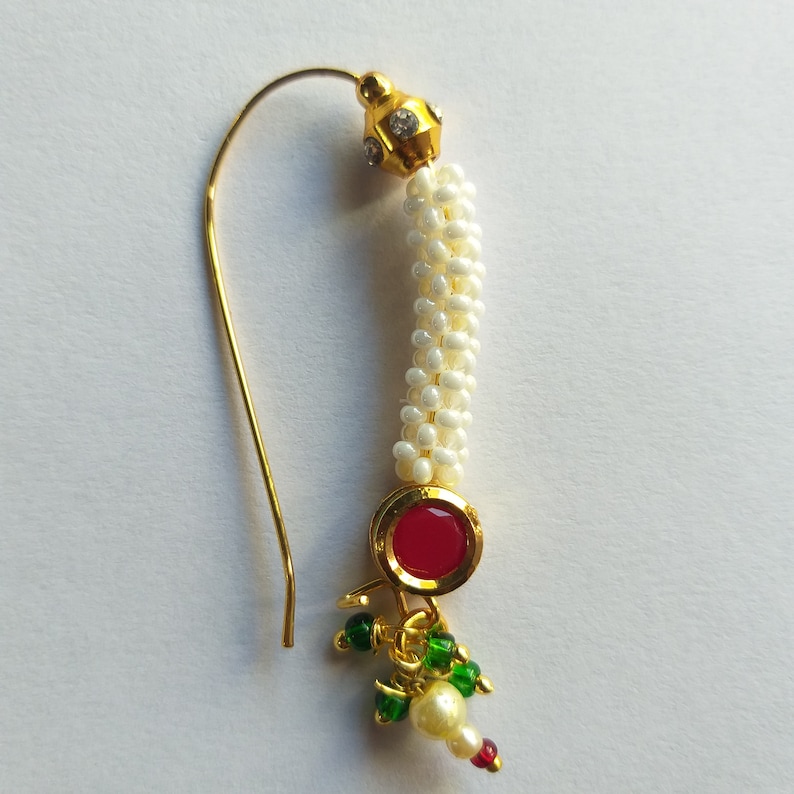 Designer Maharashtrian Pearls Nose Ring Wedding Nose Stud Piercing Nose Pin Nostril Indian Nath Fashion Nose Jewellery Gold Plated Big