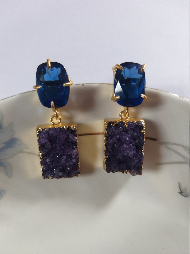 Druzy Gemstone EarringsAgate Gold Edge EarringHydro Blue Quartz Stud Earring Indian Traditional Earring Unique Earring Fashion Jewelery