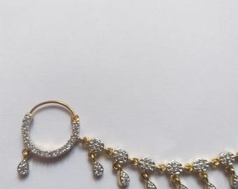 Gold Plated Crystal Chain Nose Ring – Traditional Indian Bridal Nath Piercing Hoop