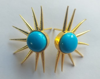 Gold Plated Turquoise Starburst Stud Earrings Bohemian Fashion Jewellery Piercing Ear Stud