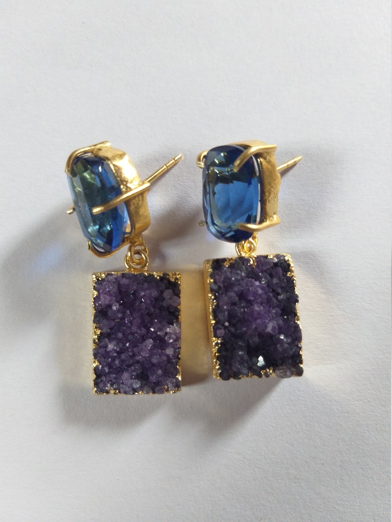 Druzy Gemstone EarringsAgate Gold Edge EarringHydro Blue Quartz Stud Earring Indian Traditional Earring Unique Earring Fashion Jewelery