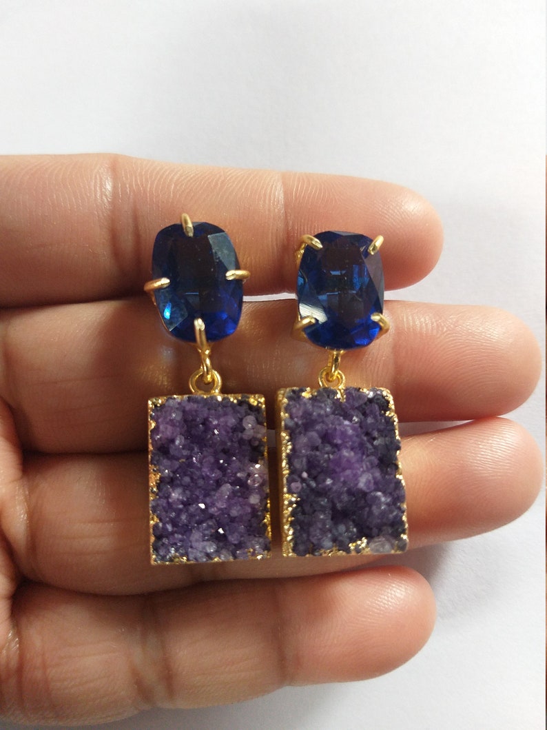 Druzy Gemstone EarringsAgate Gold Edge EarringHydro Blue Quartz Stud Earring Indian Traditional Earring Unique Earring Fashion Jewelery