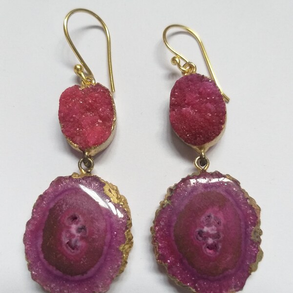 Boucles d'oreilles Druzy agate rose allongées Boucles d'oreilles en plaqué or tranche druzy lustre femme fille boucle d'oreille elle, pendentif traditionnel bijoux de mode