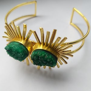 Green Druzy Agate Bracelet: Gold Plated Starburst Cuff