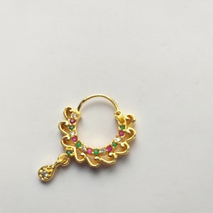 Anillo de nariz de cristal bañado en oro: Nath de boda india, piercing bohemio