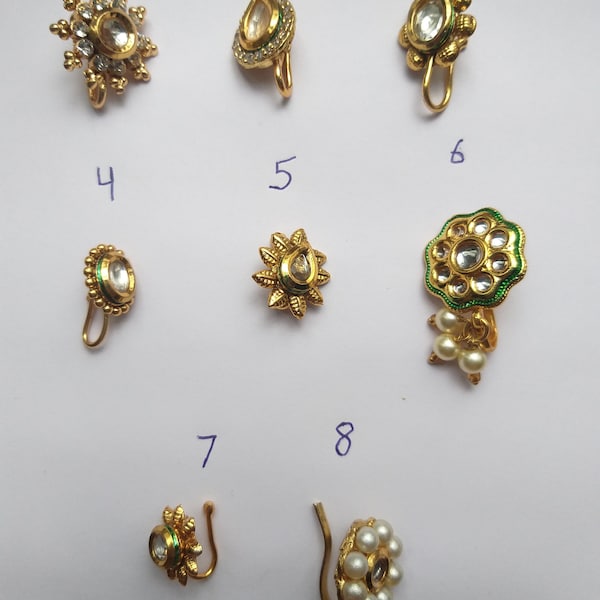 Kundan Gold Plated Nose Stud Indian Non Piercing Stud Nostril Stud Ring Fashion Jewellery Wedding Pressing Nose Clip Traditional Nose Ring