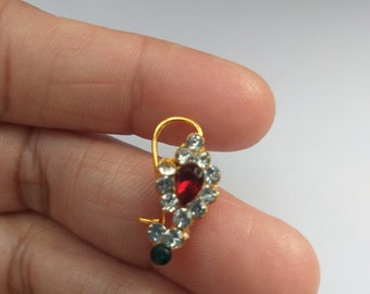 Maharashtrian Gold Plated Red Crystal Nose Ring Indian Wedding Nath Traditional Nostril Ring Ethnic Piercing Fashion Jewelery Hoop Bohemian