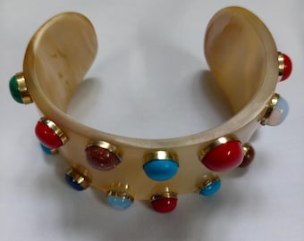 Buffalo Horn Cuff Bracelet With Multi Stone Coral & Turquoise Natural Buffalo Horn Bracelet Horn Bangle Jewelery For Christmas Birthday Gift