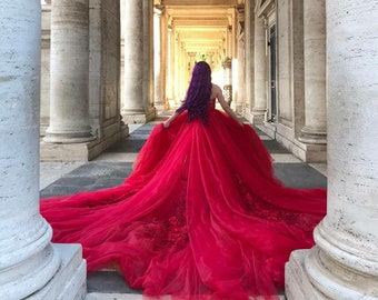 Wedding Red Dress Ballgown Haute Couture with Long Train, 3D Lace and Cape with Sleeves- Gourgerina