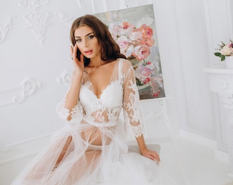 Bridal Boudoir for Wedding Day - Wedding Lace Luxury Boudoir Robe - Long Sleeves Bridal Gown