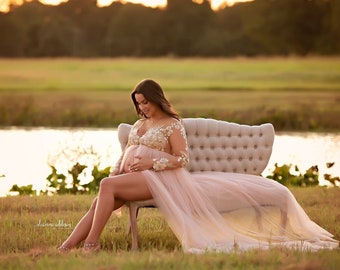 Maternity Dress for Photo Shoots - Pregnancy Dress - Maternity Gown Lace - Photo Shoot Royal Maternity Dress with Long Sleeves - Blush Dress