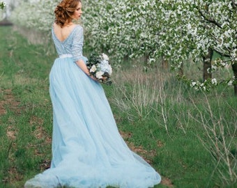 Detachable Blue Tulle Wedding Skirt / Light Blue Wedding Dress/ Tulle Bridal Skirt With Train / Two Piece Wedding Dress
