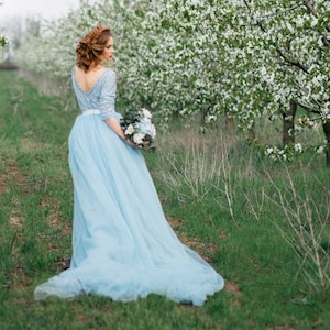 Detachable Blue Tulle Wedding Skirt / Light Blue Wedding Dress/ Tulle Bridal Skirt With Train / Two Piece Wedding Dress