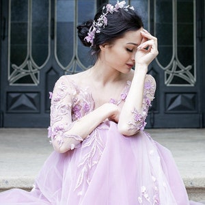 Fairy Couture Blush Wedding Dress With 3D Flower Long Train Alternative Unique Wedding Dress Color Wedding Gown image 5