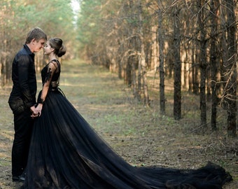 Alternative Sexy Black Wedding Dress, Gothic Two Piece Ballgown Tulle Wedding Dress/ Fairy Bohemian Bridal Gown