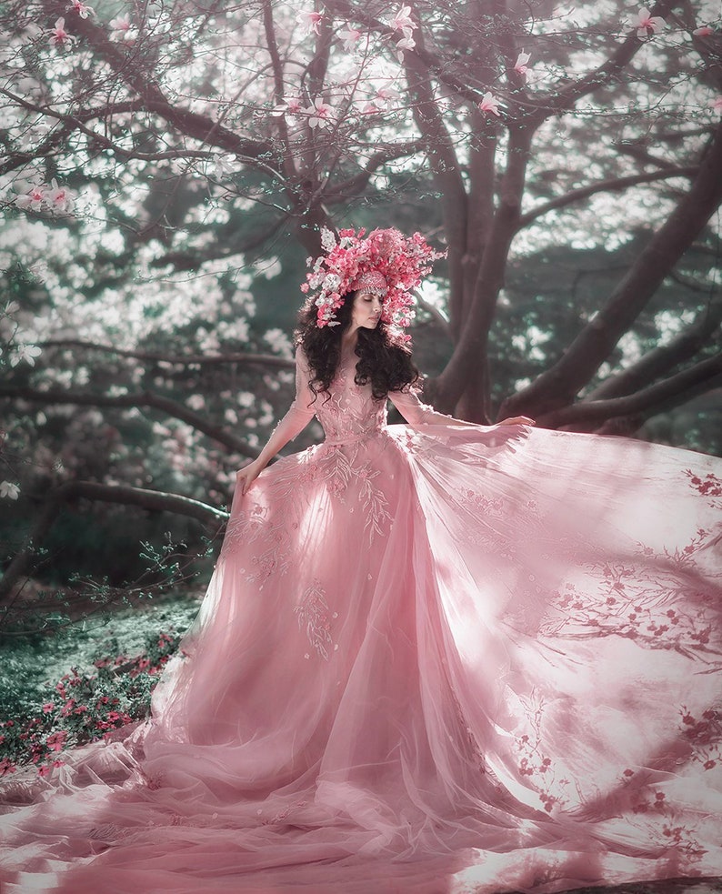 Fairy Couture Blush Wedding Dress With 3D Flower Long Train Alternative Unique Wedding Dress Color Wedding Gown image 1