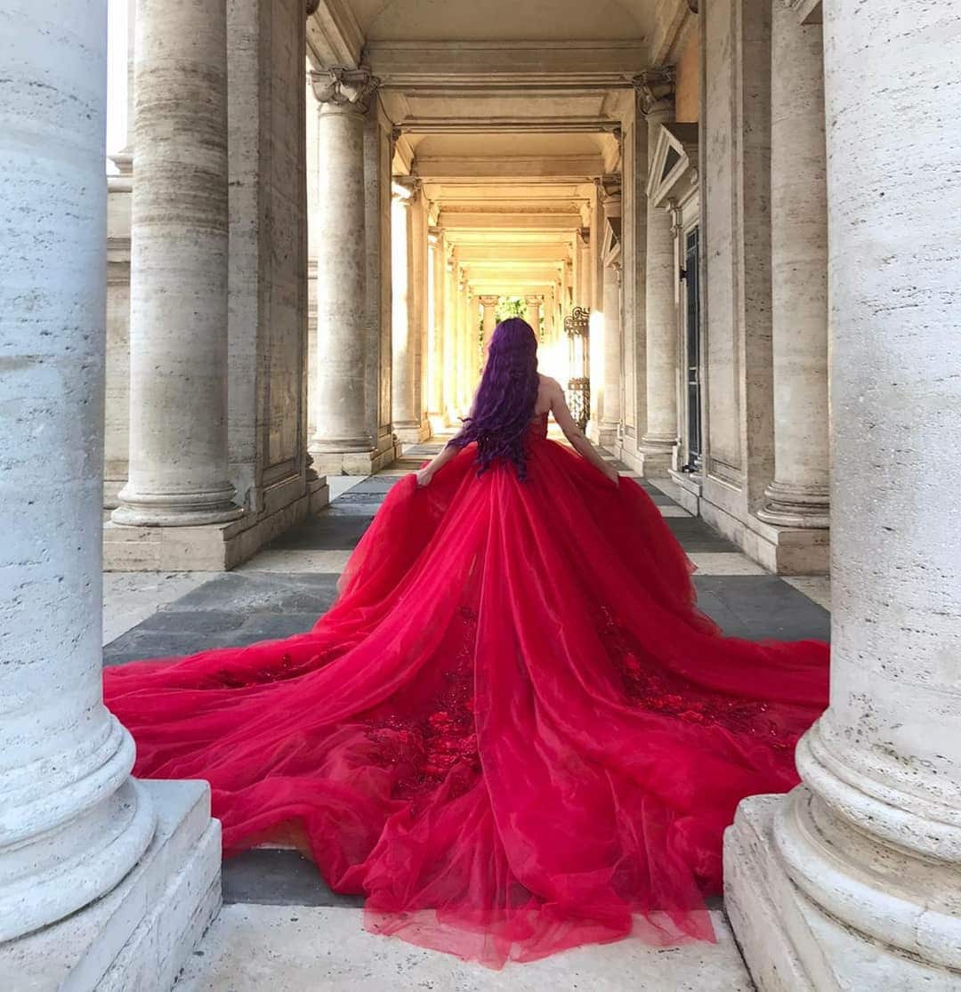 Red evening gown with best sale train