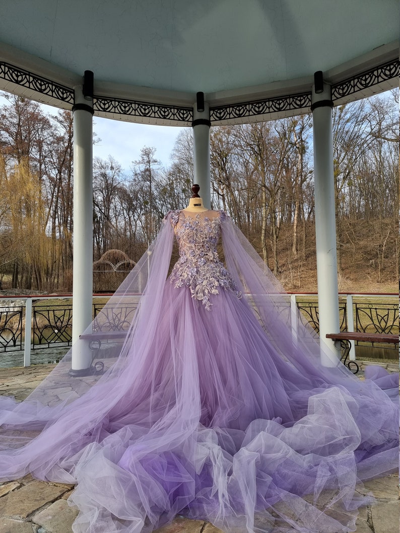 Custom Couture Purple Wedding Gown Iris Tulle Dress with 3D Flowers Beading Lace image 7