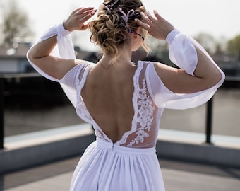 Sample Sale - Ready to Ship - M Size - Greece Beach Wedding Dress / Open Back Bohemian Wedding Dress / Simple Romantic Bridal Gown