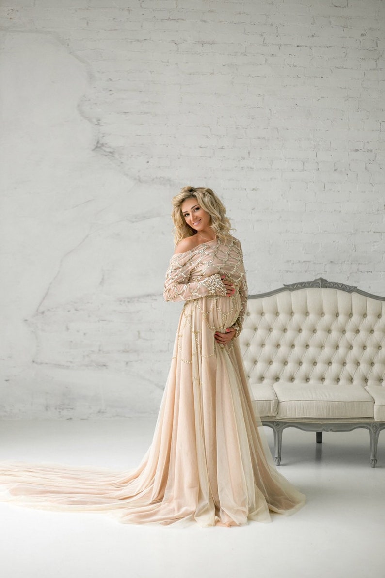 Golden Embroidered Maternity Gown Maternity Long Train Gown Etsy