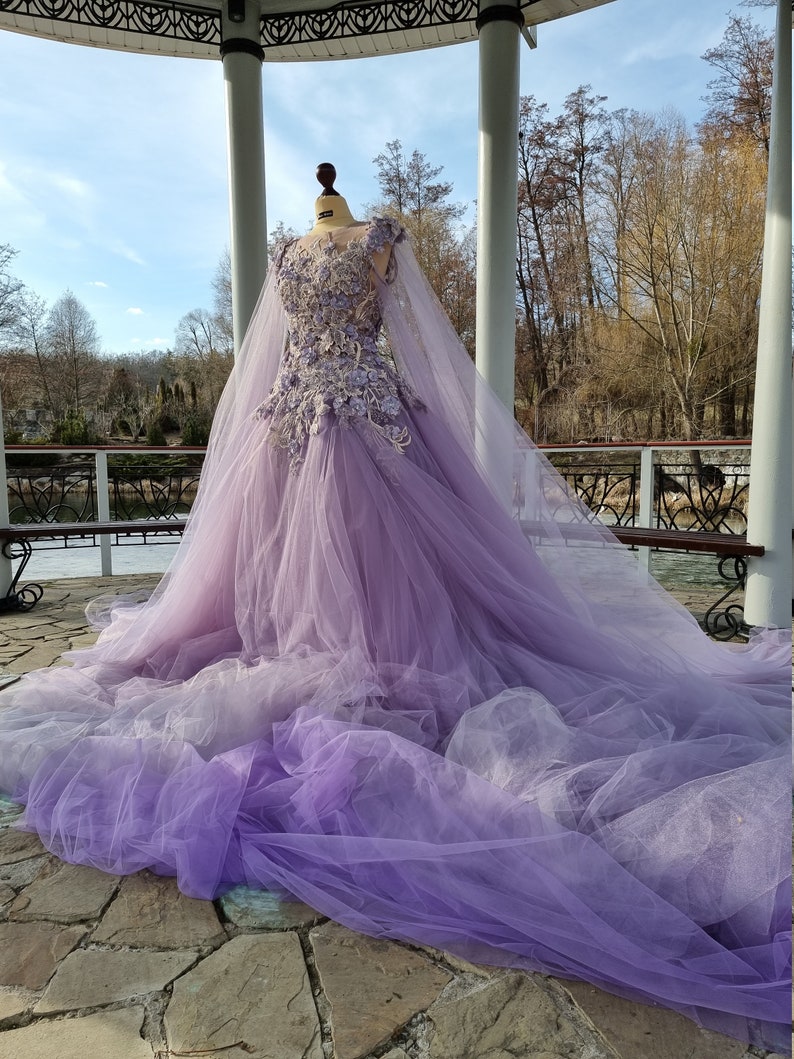 Custom Couture Purple Wedding Gown Iris Tulle Dress with 3D Flowers Beading Lace image 8