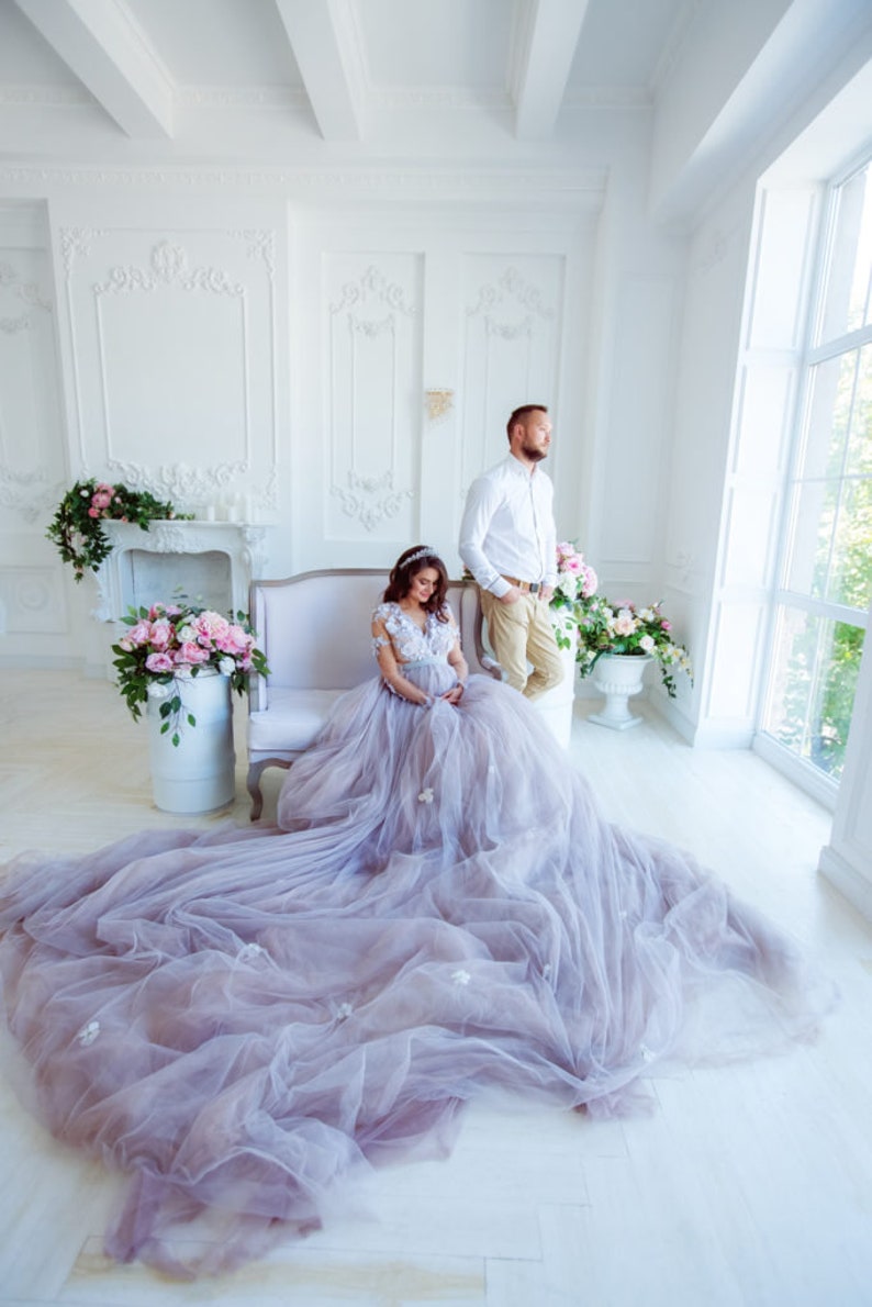 Maternity Gray Dress 3D Lace Pregnancy Gown Long Train Etsy