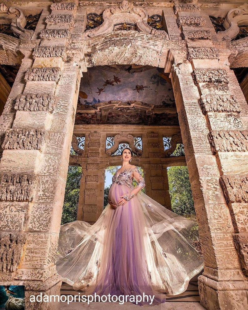 Lavender Lace Maternity Dress for Photo Shoots Flower Lace Pregnancy Dress Baby Shower Gown With