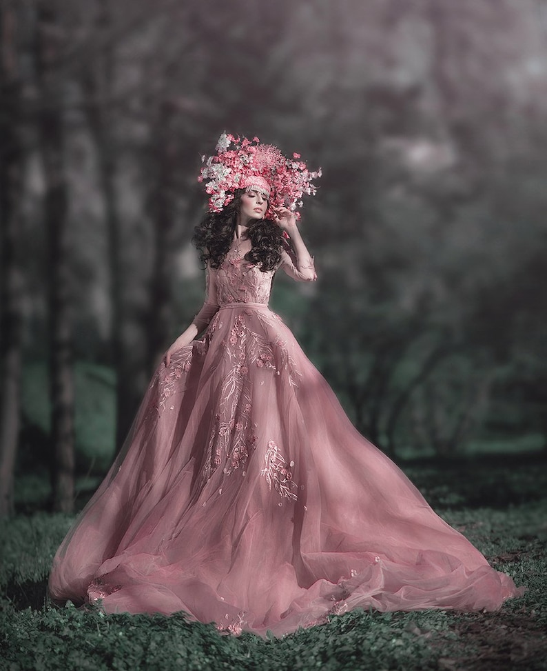 Fairy Couture Blush Wedding Dress With 3D Flower Long Train Alternative Unique Wedding Dress Color Wedding Gown image 3