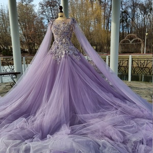 Custom Couture Purple Wedding Gown Iris Tulle Dress with 3D Flowers Beading Lace image 4