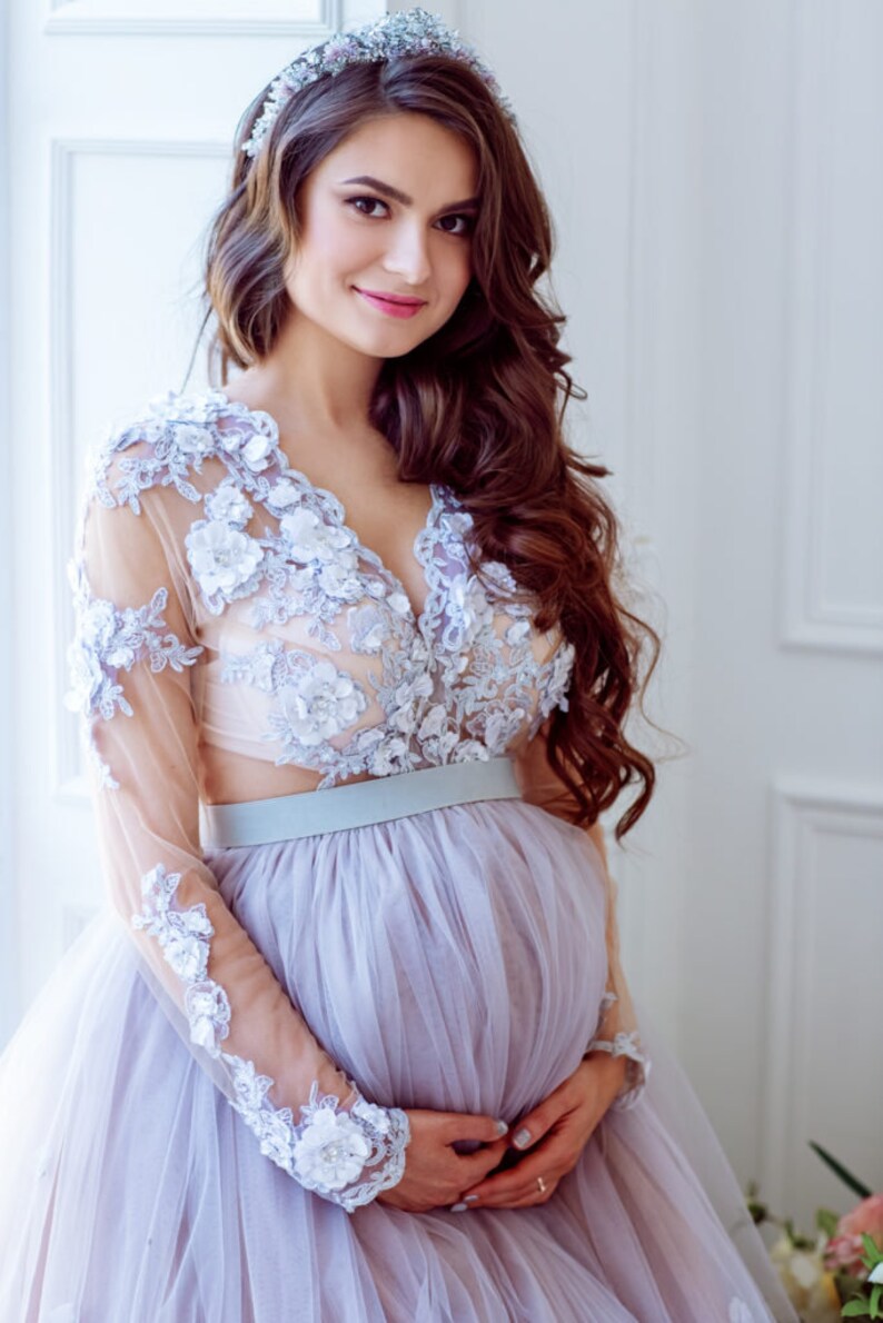 Maternity Gray Dress 3D Lace Pregnancy Gown Long Train Etsy