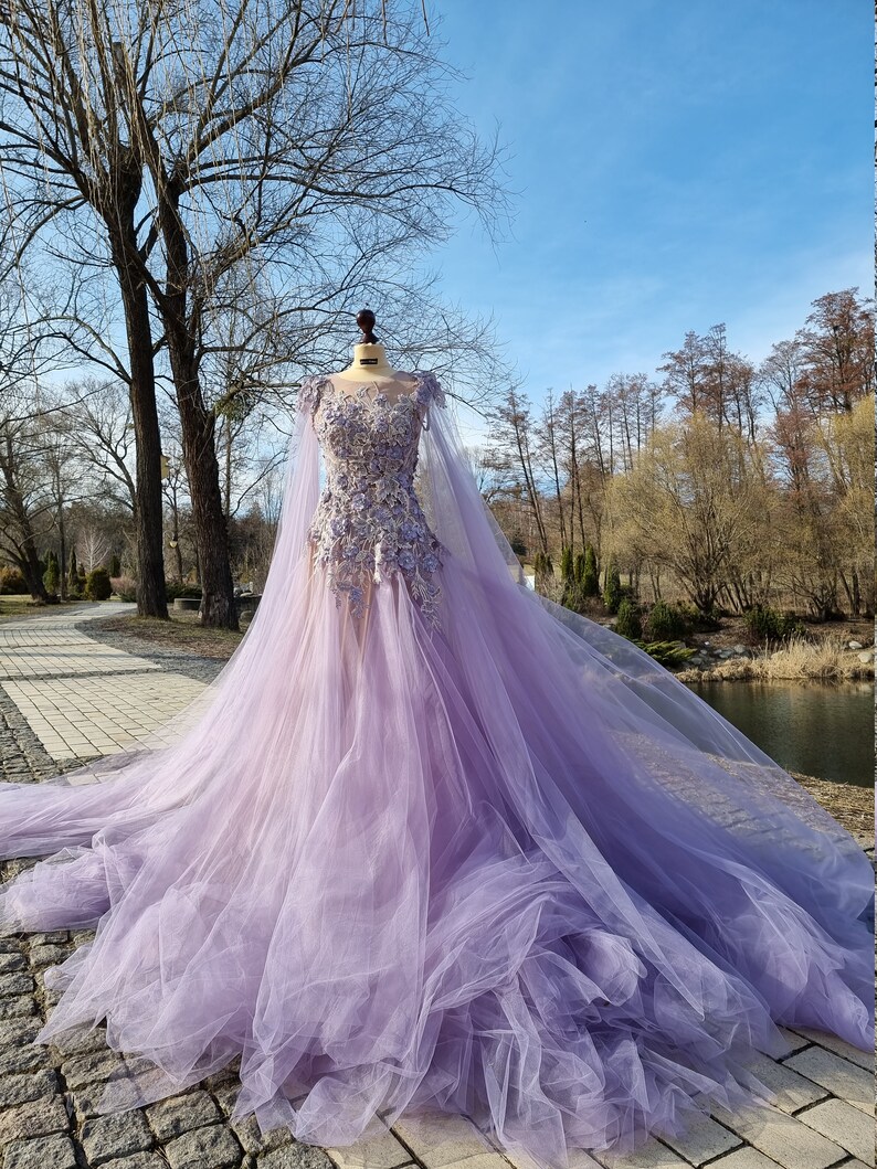 Custom Couture Purple Wedding Gown Iris Tulle Dress with 3D Flowers Beading Lace image 3