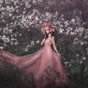 Fairy Couture Blush Wedding Dress With 3D Flower Long Train Alternative Unique Wedding Dress Color Wedding Gown image 2
