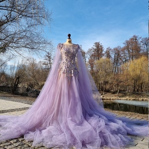 Custom Couture Purple Wedding Gown Iris Tulle Dress with 3D Flowers Beading Lace image 6