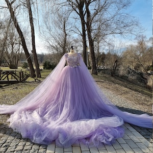 Custom Couture Purple Wedding Gown Iris Tulle Dress with 3D Flowers Beading Lace image 9