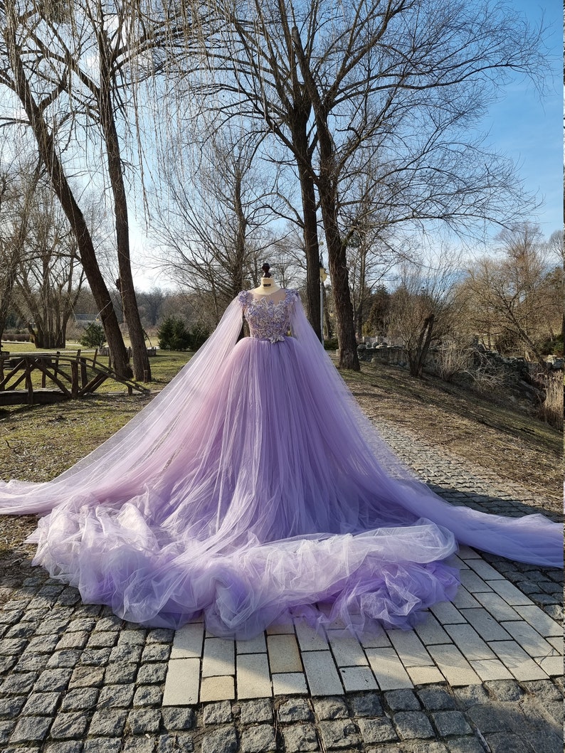 Custom Couture Purple Wedding Gown Iris Tulle Dress with 3D Flowers Beading Lace image 9