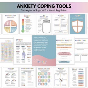 May include: A collection of printable worksheets and guides titled "Anxiety Coping Tools" with strategies to support emotional regulation. The materials include charts, diagrams, and fill-in-the-blank exercises, designed to help manage anxiety.