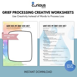 Peut inclure: Deux feuilles de travail imprimables intitulées "Grief Processing Creative Worksheets" avec le texte "What Does My Grief Look Like?" et "Use Creativity Instead of Words to Process Loss." Une feuille de travail a un espace vide pour dessiner.