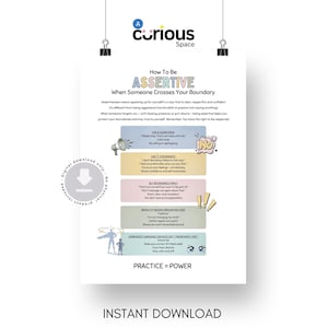 May include: A white poster with the text "How To Be ASSERTIVE" and "When Someone Crosses Your Boundary". The poster includes bullet points with advice on assertiveness, and the words "Instant Download".