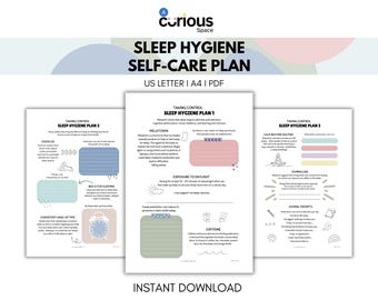 May include: A printable sleep hygiene self-care plan with three pages. The pages include information on exercise, melatonin, exposure to daylight, and caffeine. The plan is titled "Sleep Hygiene Self-Care Plan" and is available as an instant download.